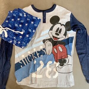 DisneyStore Mickey '28 Mens Pajamas 2 pc. Long Sleeve T Shirt Blue Flannel Pants